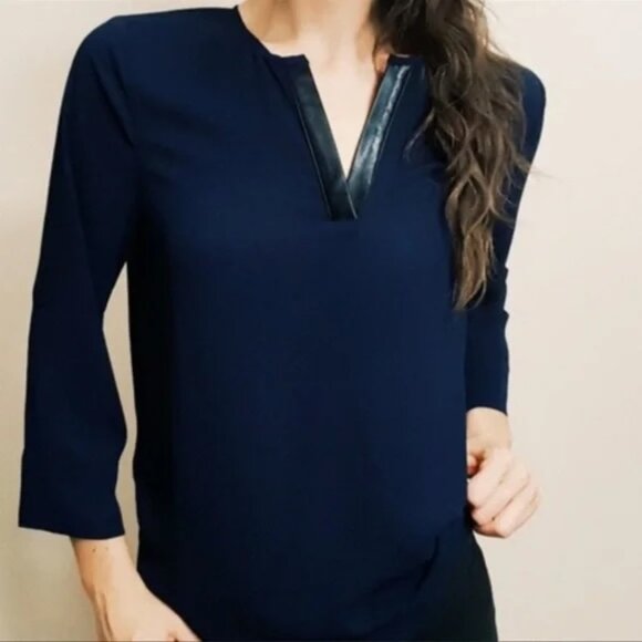 41 Hawthorn Blue 3/4 Sleeve Blouse with vegan leather V-Insert, Size M - Picture 1 of 8